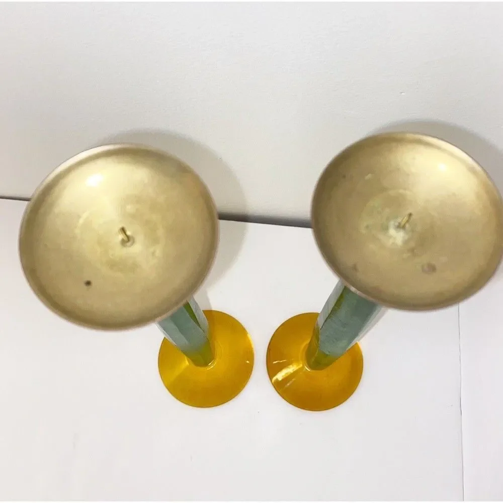 MCM Vintage Green and Yellow Tall Candlestick Holders Brushed Acrylic